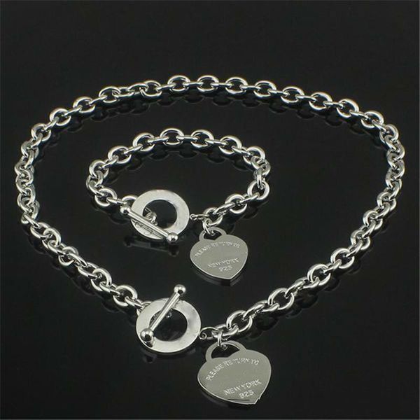 

christmas gift 925 silver love necklace+bracelet set wedding statement jewelry heart pendant necklaces bangle sets 2 in 1