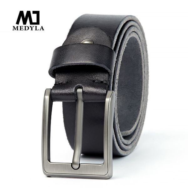 

medyla original leather belt for men's brushed steel pin buckle simple men's belt for jeans casual pants accessories, Black;brown