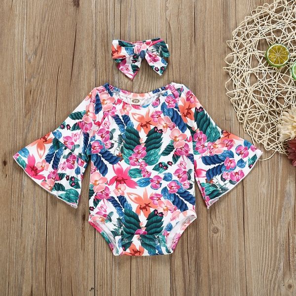 

newborn baby girls bodysuit flare sleeve hair band 2 pcs floral print jumpsuit 0-24 months, Blue