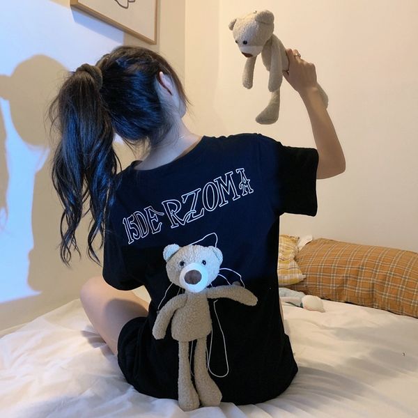 

2020 new fashion women's clothing online red bear short-sleeved t-shirt women's mid-length all-match loose coat t-shirt top, White