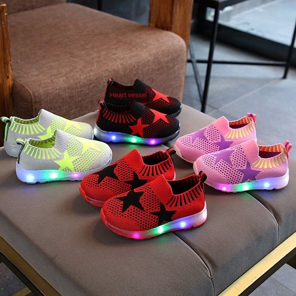 

autumn new style light children's children's flash shoes led boys' and girls' sports luminous shoes flying woven, Black