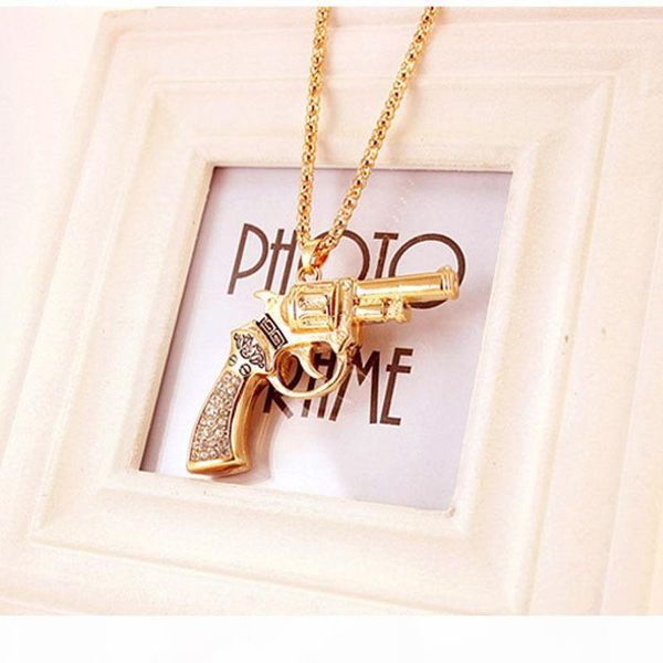 

y gold plated pistol gun pendant cz iced out army necklaces bling bling 65cm chain necklace men women fashion hip hop jewelry, Silver
