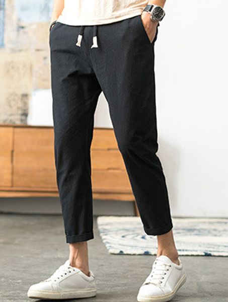 

summer designer men's casual pants korean version of the trend of small feet cotton and linen nine points pants pants men, Black