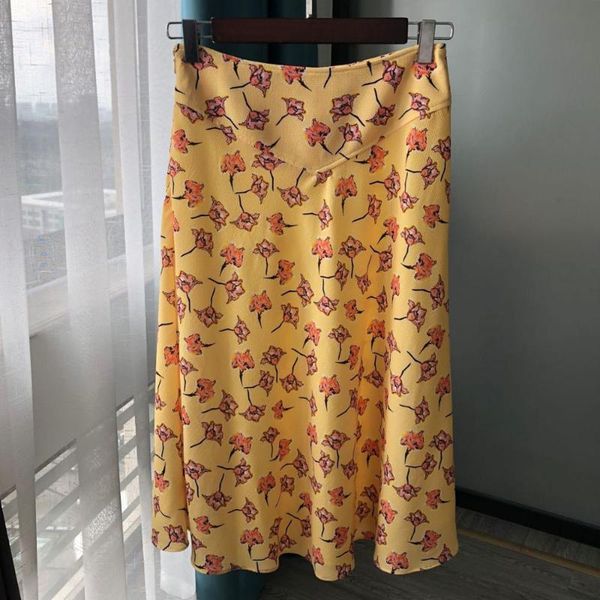 

yellow flower print women skirt prairie chic a-line wild lady midi skirt, Black