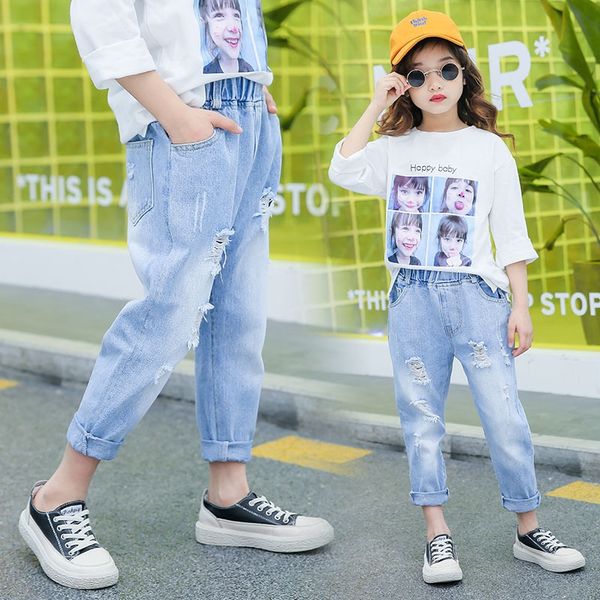 

2019 girl hole-piercing jeans autumn new loose casual wear harlan sports jeans sports pants beggar harlan pants, Blue