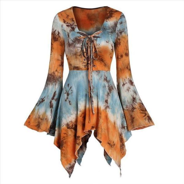 

fashion tie dyeing lace up blouse winter ladies flare sleeve tunic female women long sleeve shirt blusas pullover, White
