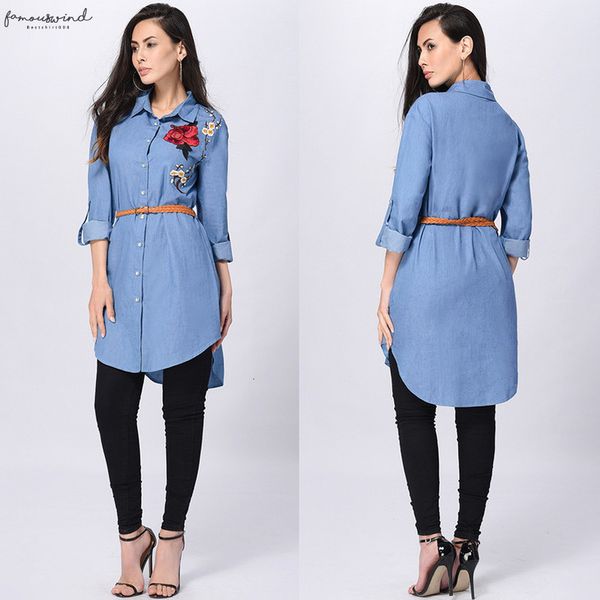 

rose embroidered women long sleeve collared long shirt turn down collar blue shirts blusas mujer de moda, White