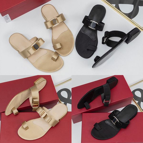 

designer womens sandals luxury black apricot bow-knot pinch toe flat slippers summer fashion with box size 35-40
