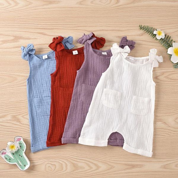 

infant newborn baby girls boys solid bow pokcet romper jumpsuit playsuit clothes, Blue