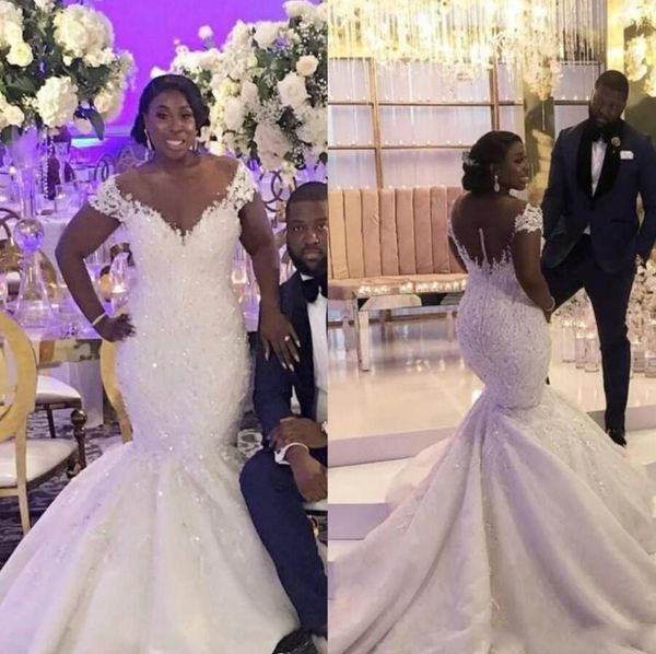 

african bride mermaid wedding dresses 2021 off shoulder lace v-neck long train bridal gowns plus size vestidos de novia, White