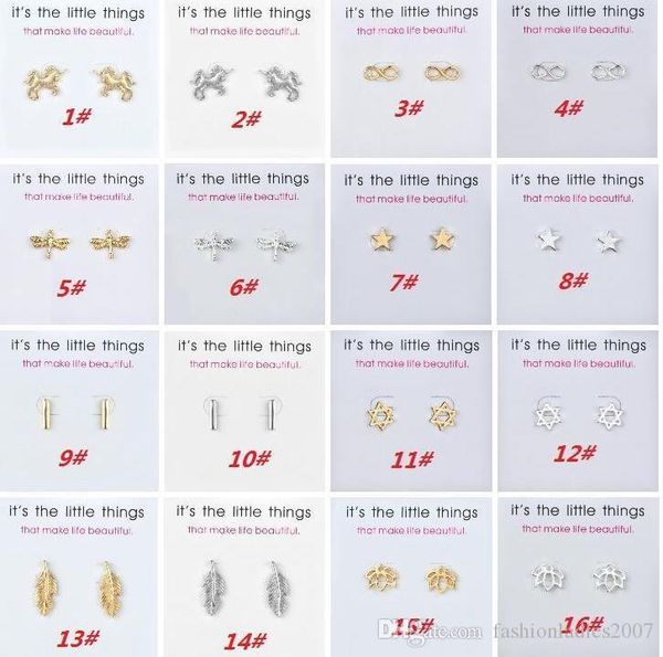 

2018 new dogeared earrings with card unicorn owl heart love star pendant noble and delicate gold silver 925 silver stud christmas gift, Golden;silver
