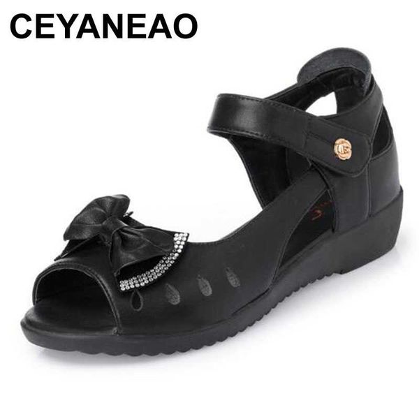 

ceyaneao 2020 new rhinestone bow summer fashion sandals women shoes sandals comfortable soft non-slip mom shoes large size flat, Black