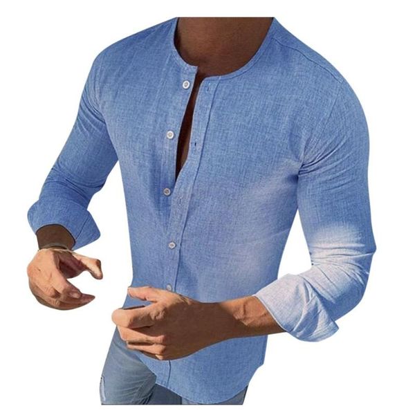 

man shirt linen fabric breathable thin soft micro elastic round collar solid color long sleeve summer fashion casual clothes, White;black