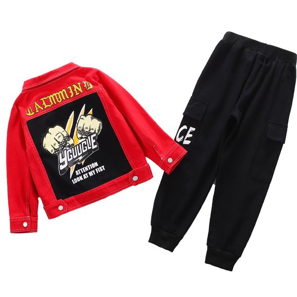 

kids 4-14y fashion jeans jackets+full length pants 2pcs clothing sets letters print highlight cool red jeans sets, White