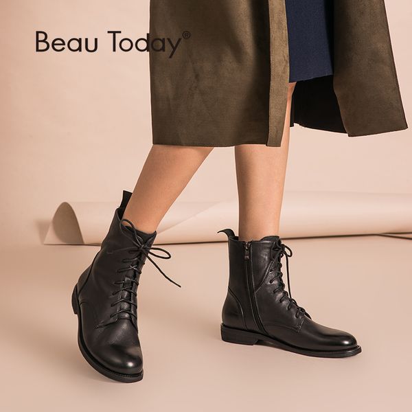 

beautoday ankle boots women genuine leather lace-up side zipper autumn winter lady shoes handmade 02012, Black
