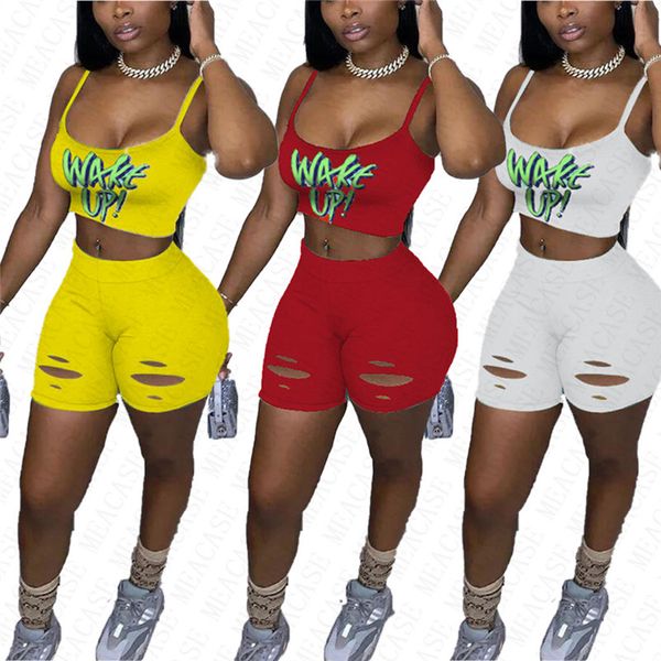

2020 женщины костюм шорты костюма конструктор letters спортивной одежды без рукавов жилета crop top + пульсация hole коротких штаны нарядов, White