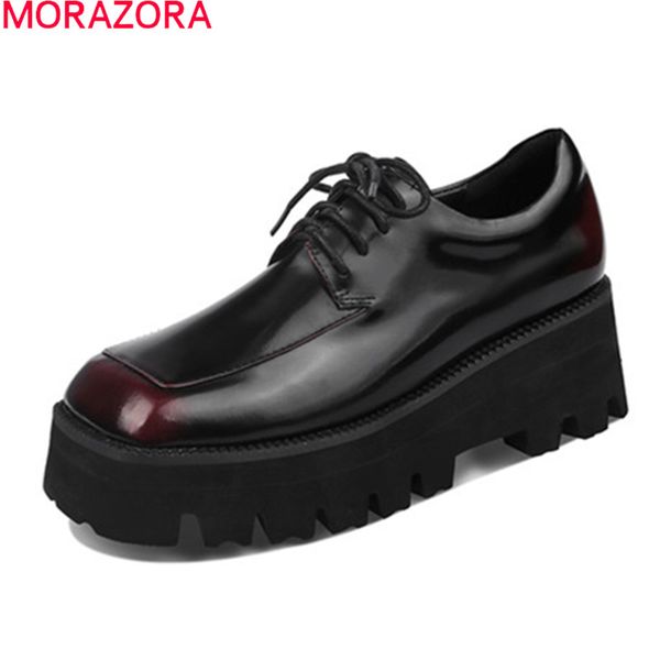 

morazora 2020 new arrival fashion women pumps genuine leather ladies shoes thick heels square toe lacee up casual ladies shoes, Black