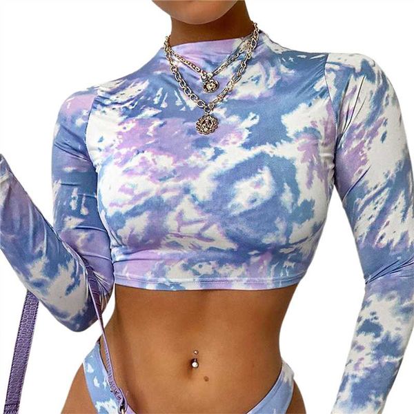 

2020 fashion trend women new long-sleeved fall tie-dyed printed crop wrapped casual party round neck pullover t-shirt tees, White