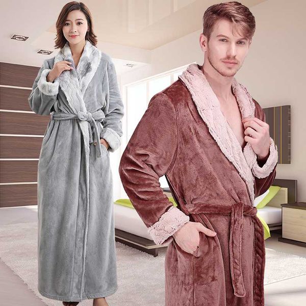 

new men women winter extra long thick warm flannel bathrobe mens thermal luxury fur bath robe soft silk dressing gown male robes, Black;brown