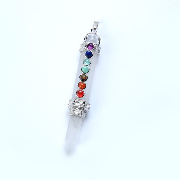 

natural white crystal pencil point pendant 7 chakra charn wand reiki healing dowsing pendulum meditation sacred geometry jewelry, Silver