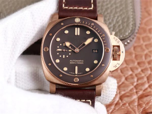

vs pam968 montre de luxe 47mm p.9010 automatic movement brown ceramic ring stainless steel case leather strap mens watch, Slivery;brown