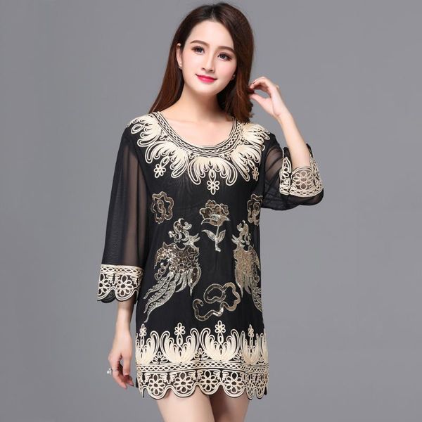 

large size luxury women dinner party blouse loose o-neck 3/4 sleeve floral embroidered applique sequin blouse long tunic, White