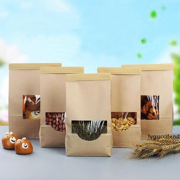 

50pcs kraft paper reseal strip bags with window packaging bread cookie bag wrapping paper gift showing to sell