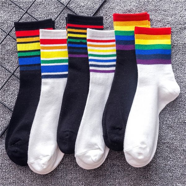 

nvau5 new rainbow mid-tube striped women's japanese and korean fashion cotton internet celebrity ins street skateboard cotton socks soc, Black