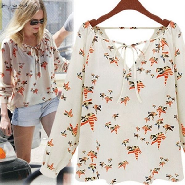 

2020 flutter sleeve fashion women chiffon blouse short long sleeve dove print casual loose shirt, White