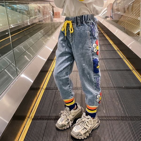 

girls' and jeans autumn 2020 new medium and large children's threaded slim leg-tied jeans autumn students' foreign style pant, Blue