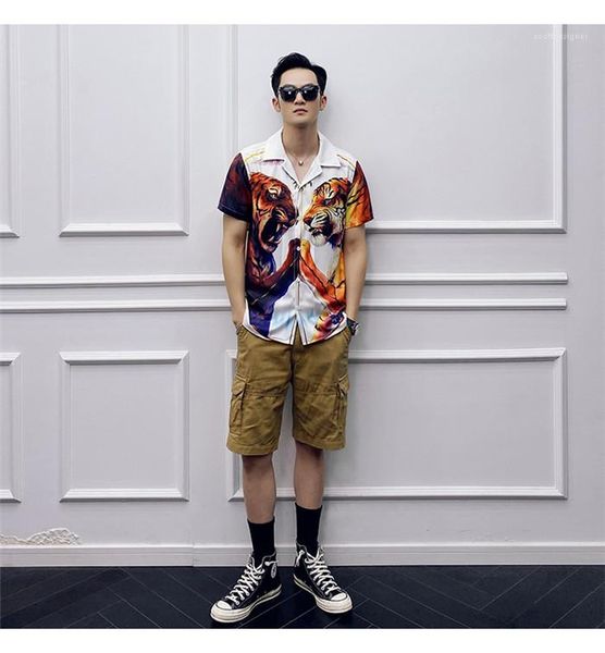 

lapel neck shorts sleeve shirt man silm fashion casual clothes men 3d striped beach shirts man designer plus size, White;black