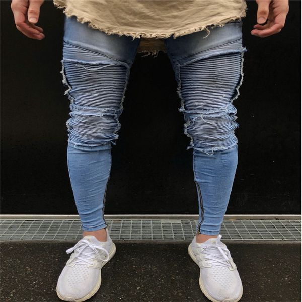 

new men's motorcycle knee hole jeans zipper torn jeans denim, Blue