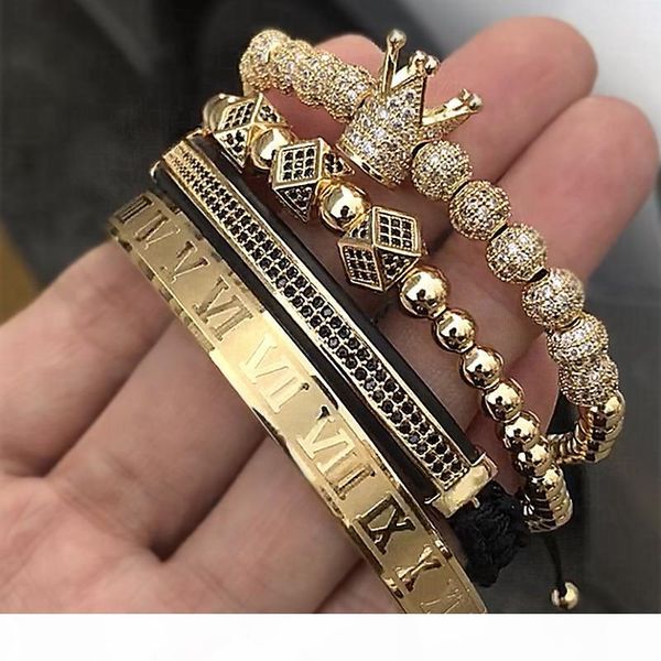 

4pcs set classical handmade braiding bracelet gold hip hop men pave cz zircon crown roman numeral bracelet luxury jewelry j190703, Golden;silver