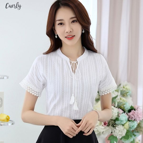 

women summer cotton blouse shirt short sleeve lacing womens elegant shirts feminine clothing hollow out lace slit blue pink ol blusas, White