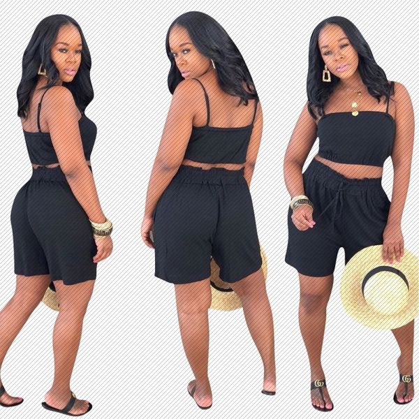 

w8209 amazon cross-border platform womens fashion casual strap wrapped chest shorts set two-piece set, Black;white