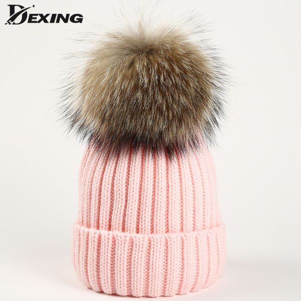 

new raccoon fur ball cap pom poms winter hat for women knitted hat girl knitted beanies cap thick warm female girls pompom, Blue;gray