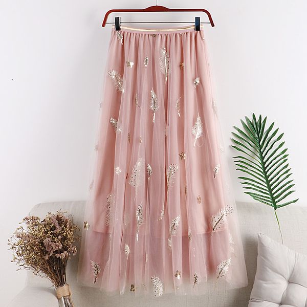 

fanco embroidery chic tulle skirt women spring summer skirts womens midi elastic high waist a line mesh tutu skirt, Black