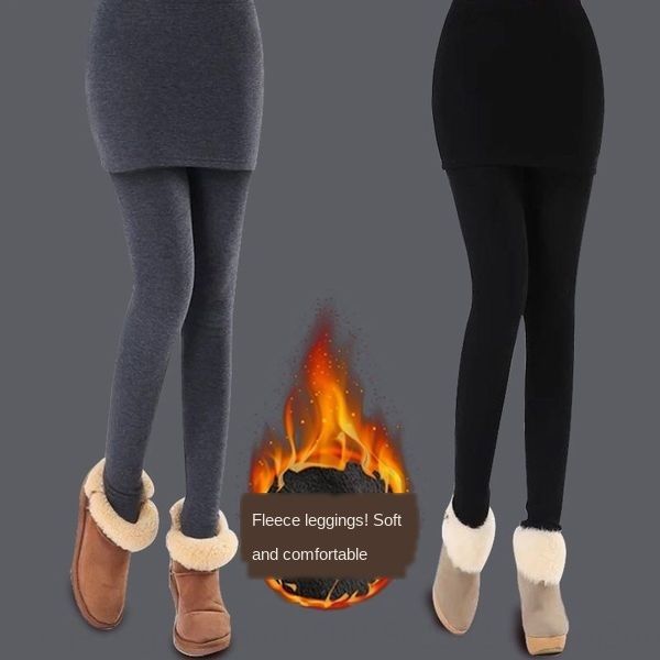 

fleece lining autumn winter outer women slim warm slim pencil culottes elastic mock two-piece leggings warm tight pants tight pants, Black