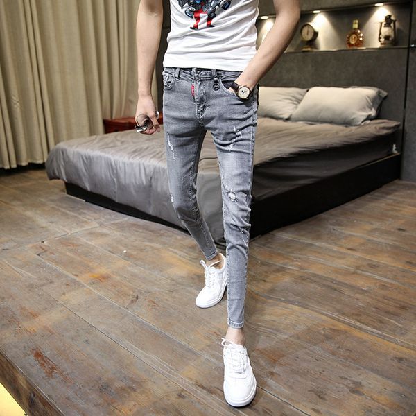 

men's jeans summer 2021 skinny washed holes ankle length pants light color feet korean slim teenagers denim, Blue