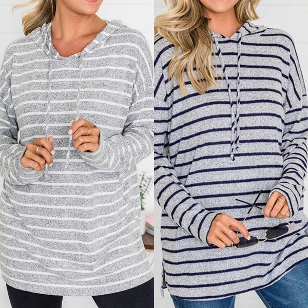

women's hoodies & sweatshirts 2021 autumn stripe printed hooded long sleeve sweatershirts white blue striped pullovers loose for women, Black