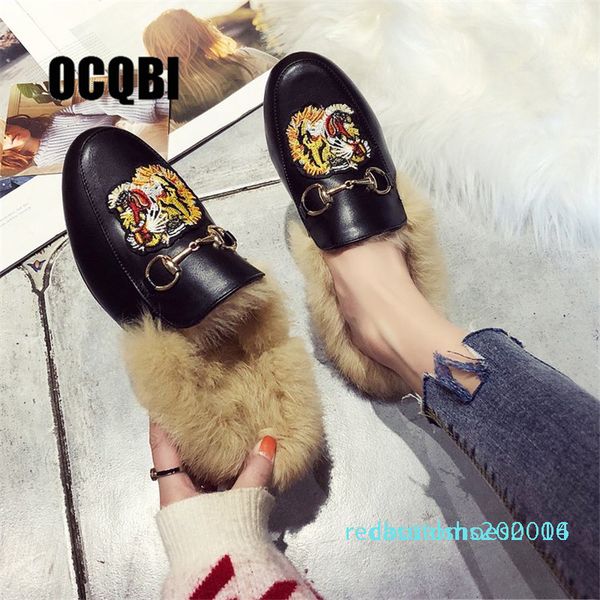 

2018 winter women's black retro fashion loafers square toe slip on flat outdoor slippers with furry and buckle backless slipper c14