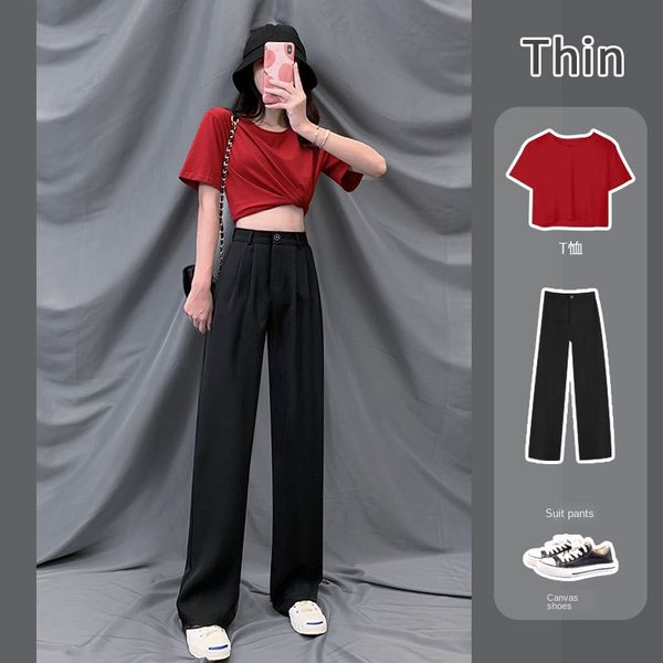

women's pants & capris chiffon loose 2021 summer thin straight fat mm high waist drape slimming suit, Black;white
