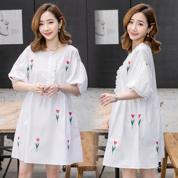 

maternity dresses 9527# clothes summer short sleeve easy matching loose stylish embroidery dress for pregnant women mom, White