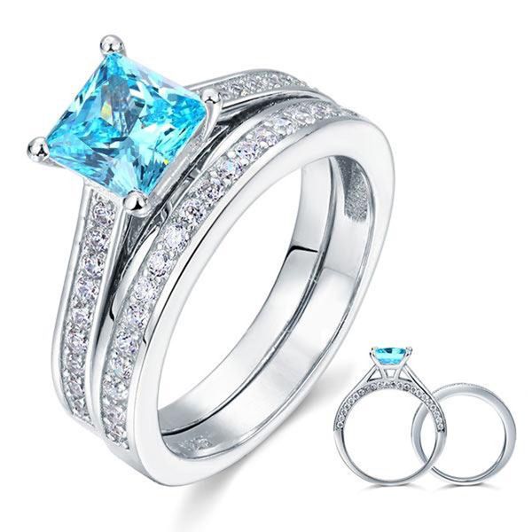 

exquisite wedding engagement ring set 925 sterling silver 1.5 ct princess cut 2-pcs fancy blue created diamond, Slivery;golden
