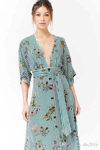 

women dress deep v-neck sleeveless lace ribbon sashes green colour striped print lady skirt usually waist casual dresses size s-xl d2, Black;gray