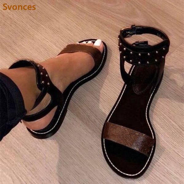 

elegant brown print leather women sandals flat open toe ladies sandals summer shoes gladiator ankle strap big size 34-46, Black