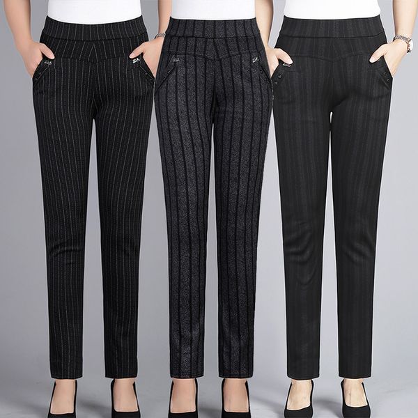 

women's pants & capris spring autumn middle aged women elastic waist casual straight female trousers plus size 5xl lady stripe pencil w, Black;white