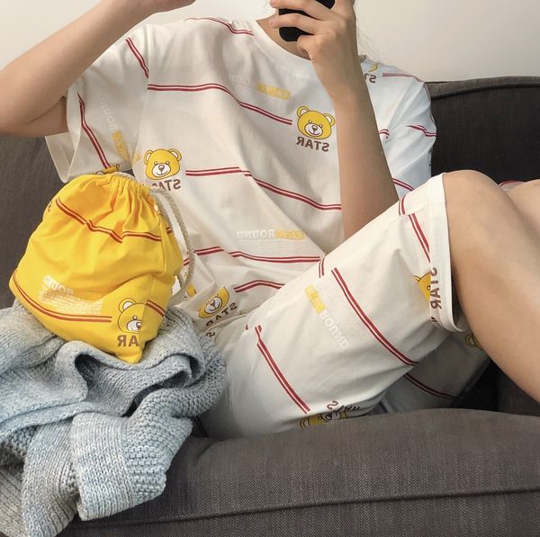 

lufu korea ins girl cute cartoon t-shirt clothes and pajamas short-sleeved t-shirt pajamas three-piece home clothes suit female, Blue;red