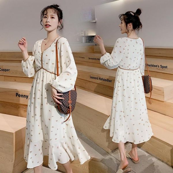 

2020 new floral dress maternity dress spring summer korean v-neck clothes for pregnancy women pregnant dresses high quality, White