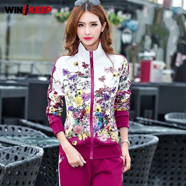 

women floral printed long sleeve stand collar sport two piece set outdoor running suit big size 6xl jogger fitness tracksuit, Black;blue